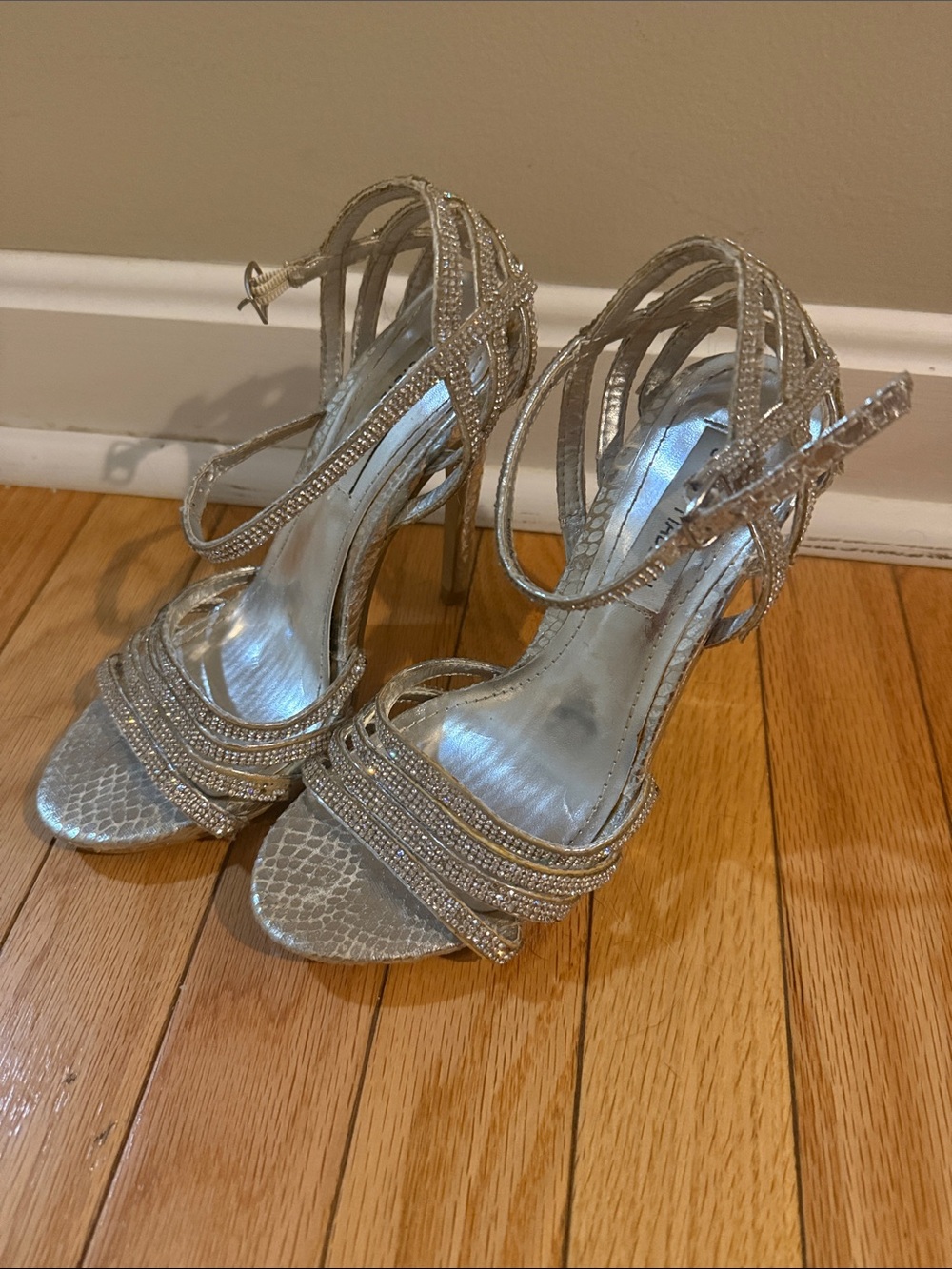 Silver Strappy Rhinestone High Heel Sandals